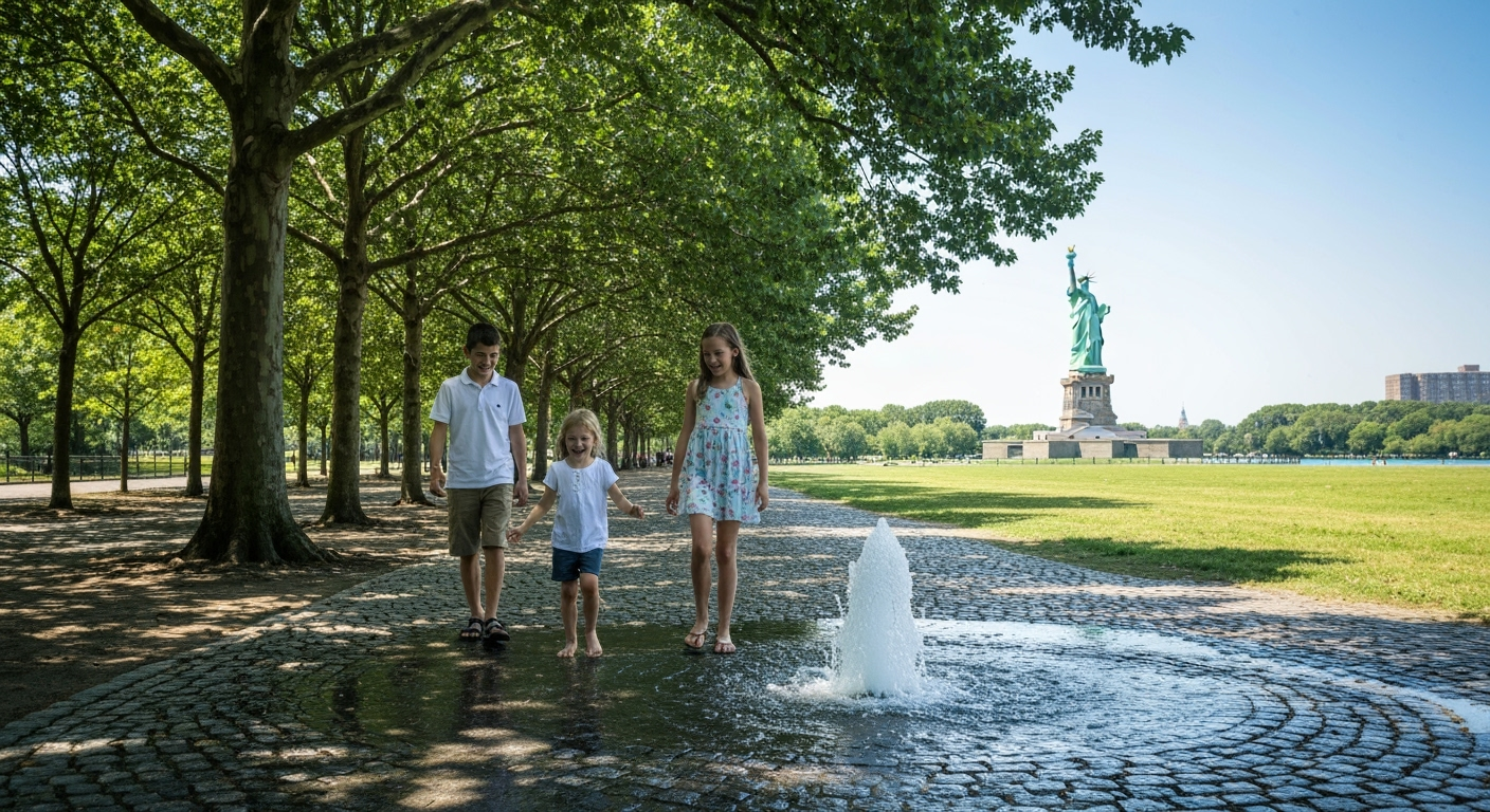 Family walks path; Statue of Liberty in distance
