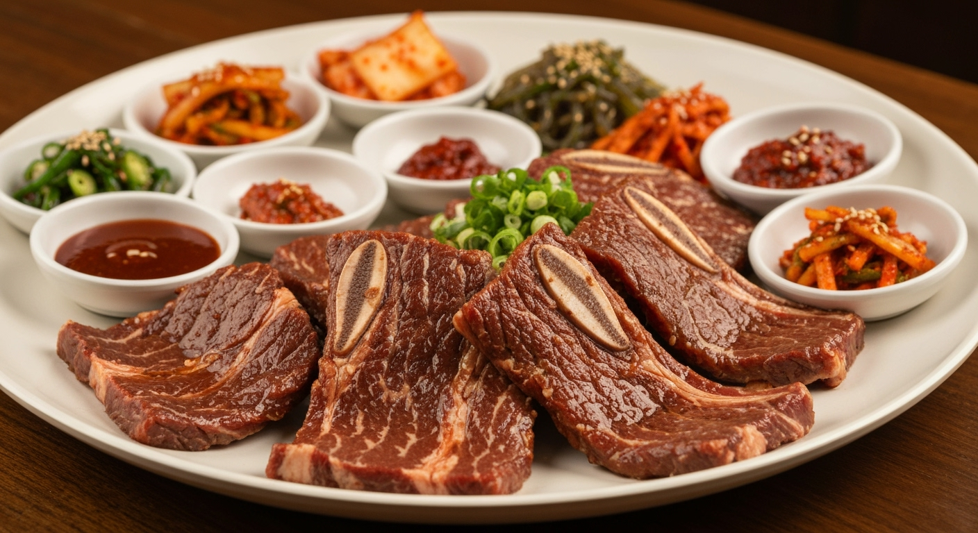 Korean BBQ plate with ribs and side dishes.