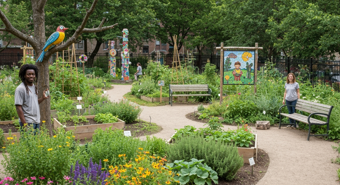 Community garden with art, plants, and paths.