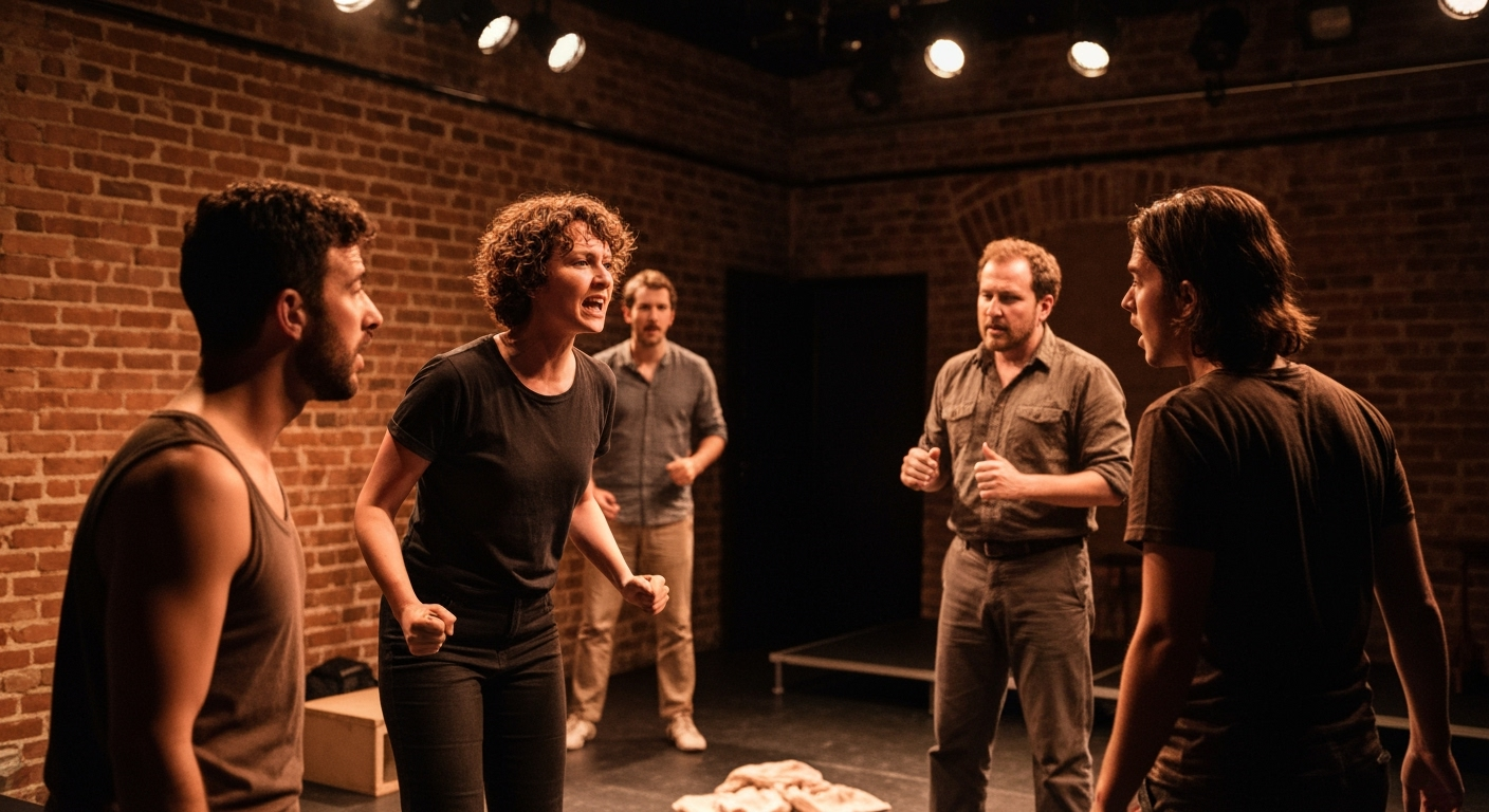 Actors rehearse on a small stage