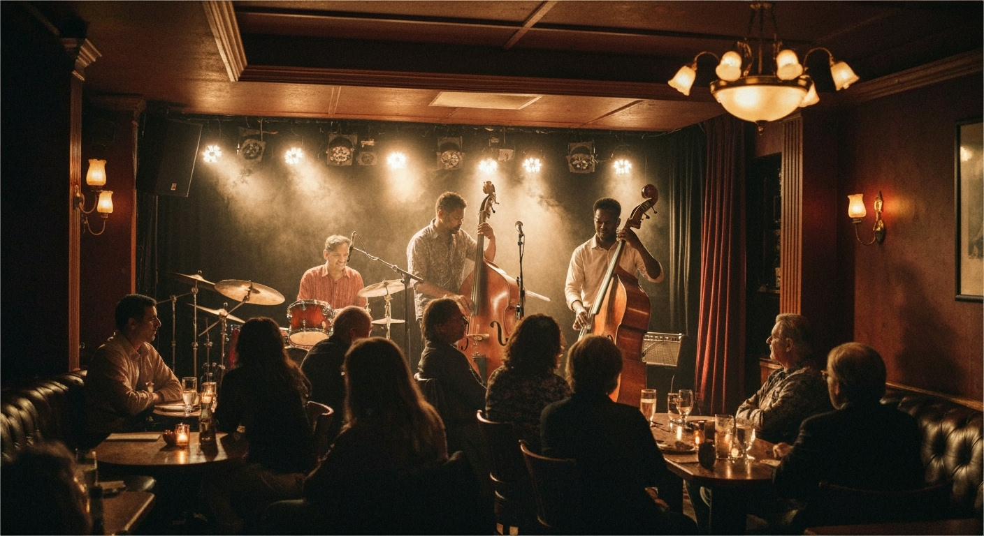 Jazz band performs on stage in dimly lit club