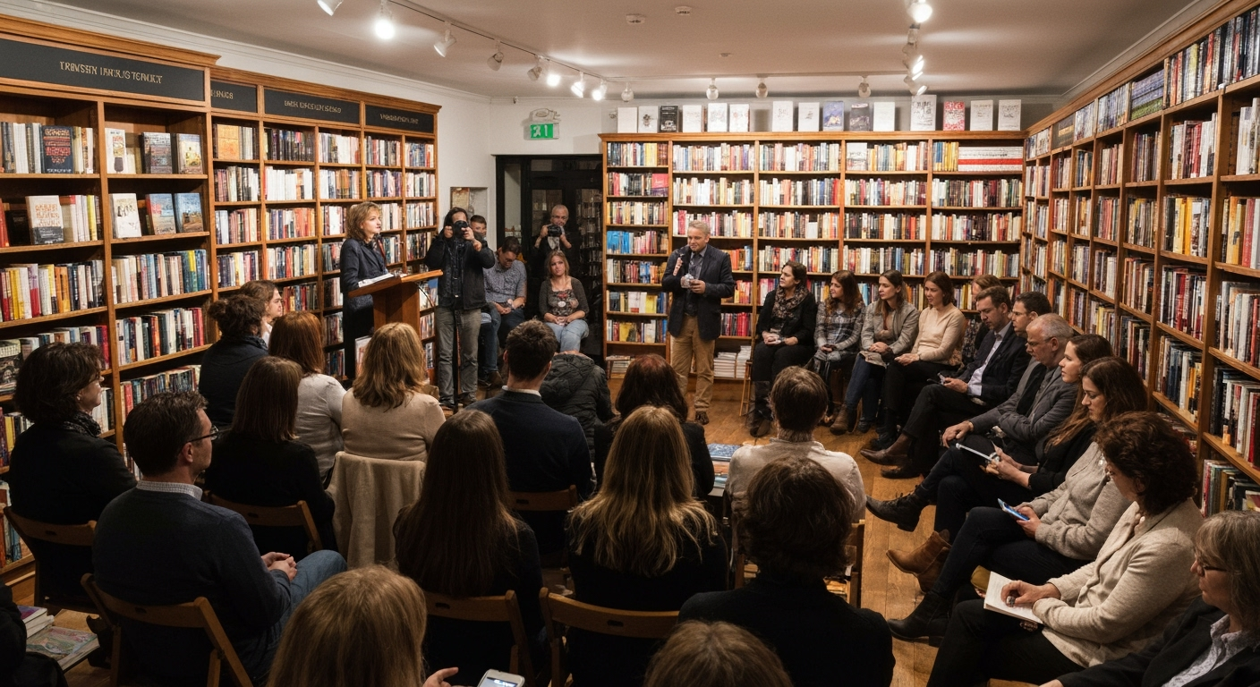 Author reads to bookstore audience.