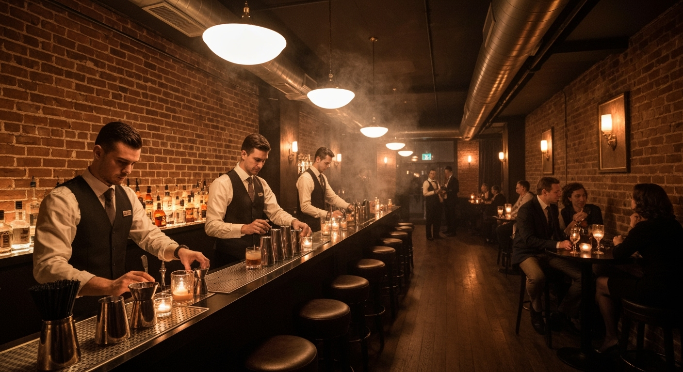 Bartenders make cocktails in a speakeasy.