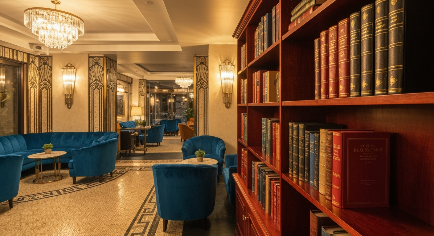 Hotel lobby with velvet seats and art deco details