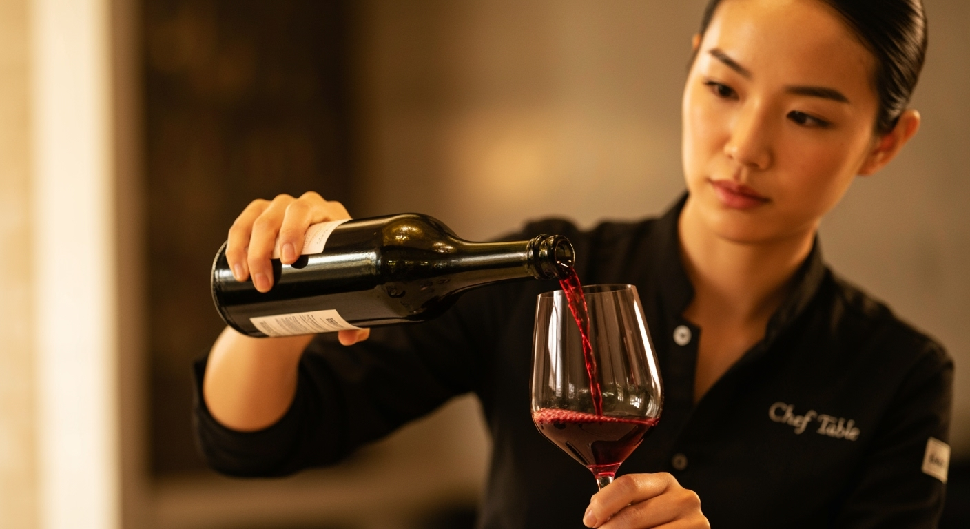 Sommelier pours red wine.