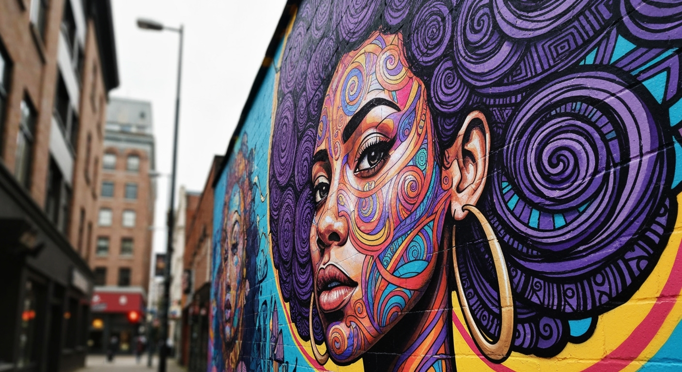 Mural of a stylized woman with bold colors.
