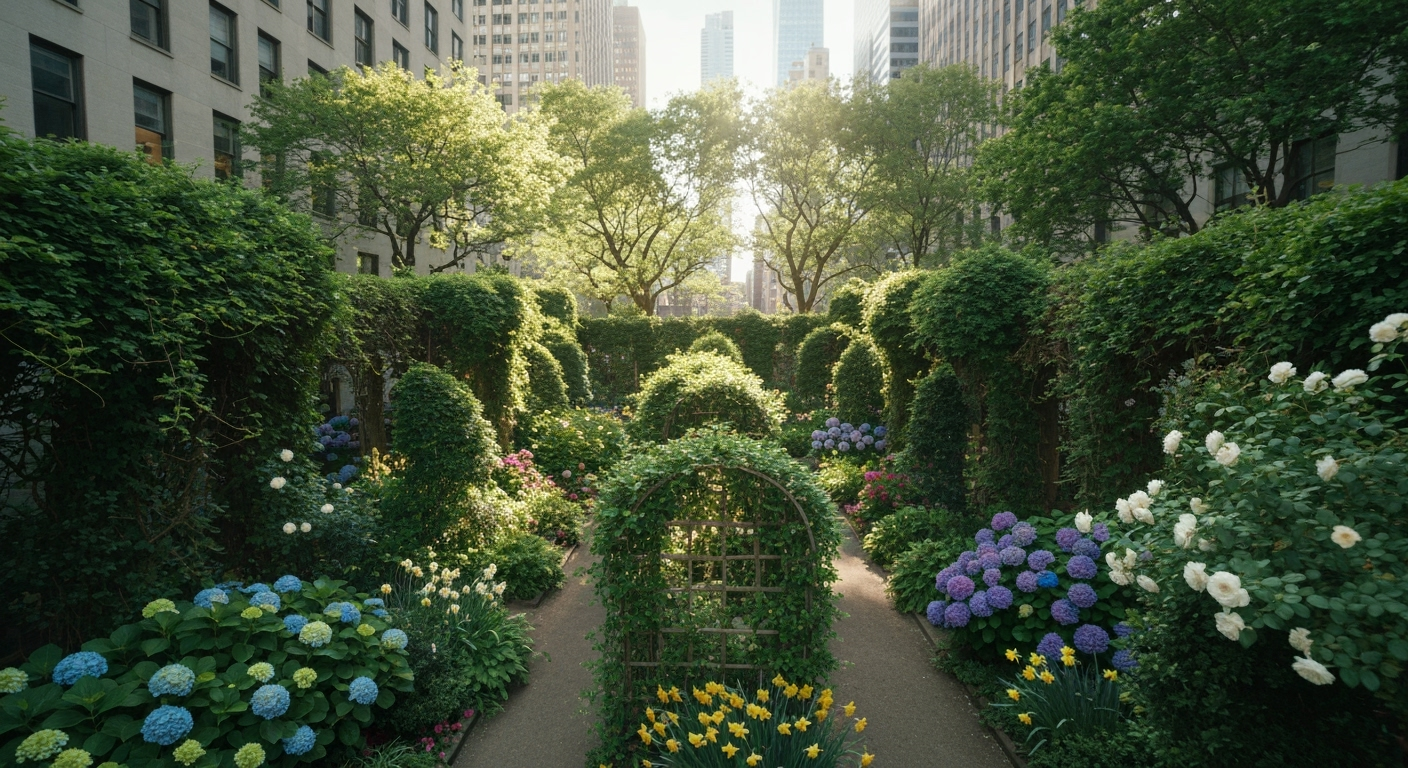 Lush green garden with flowers