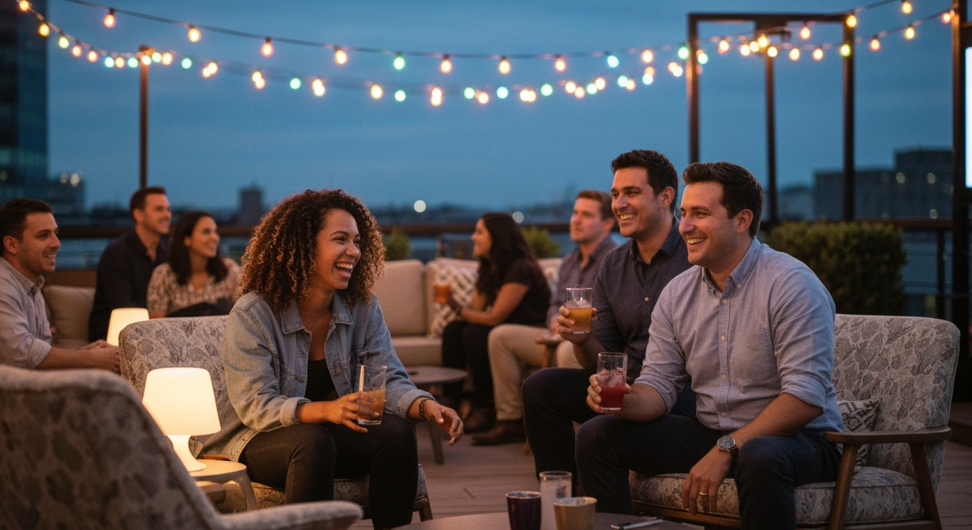 Rooftop party with drinks and string lights.