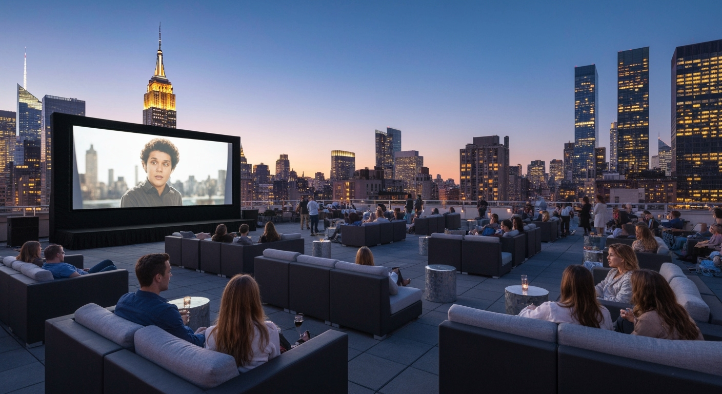 Rooftop movie night with city skyline