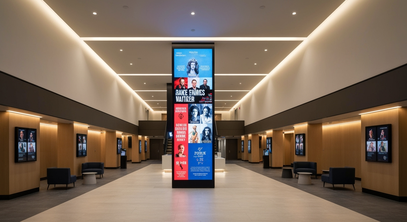 Theater lobby with digital display